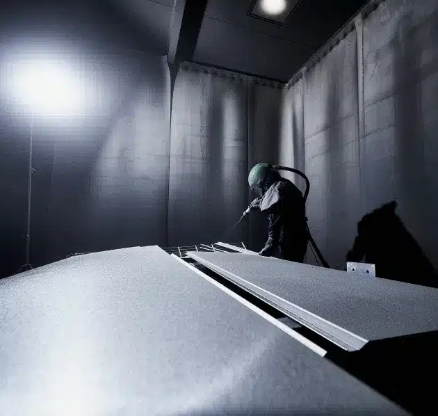 Mitarbeiter von KBN im Schutzanzug bei der schonenden Oberflächenbehandlungs mittels Sweepen in der Stahlkaniene.