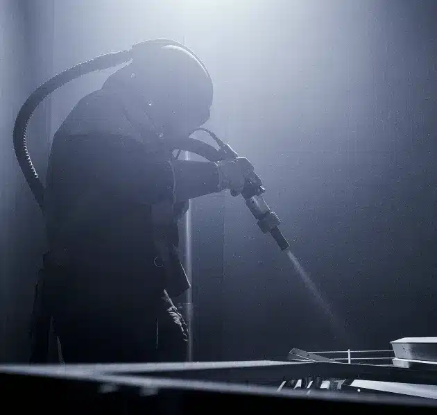 Mitarbeiter von KBN im Schutzanzug bei der schonenden Oberflächenbehandlungs mittels Sweepen in der Stahlkaniene.